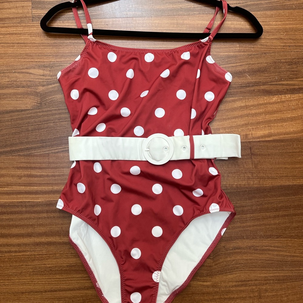 Solid and Striped Nina red and white belted polka dot one piece. Size M